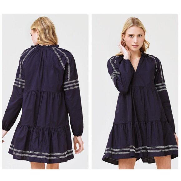 BB Dakota | NEW Fun with Tiers Navy Bohemian Shirt Dress Size S - Picture 1 of 11